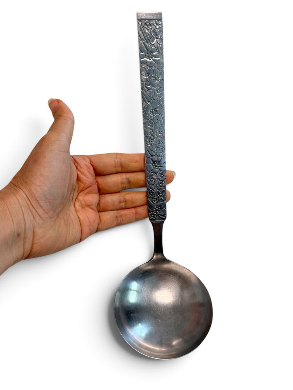 Vintage Ornate Floral Handle Stainless Steel Serving Soup Spoon Embossed Flowers